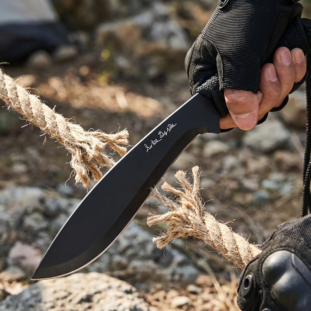 Jagdmesser mit Feststehender Klinge, Edelstahl, 25cm, Paracord Griff, mit Nylonscheide und Hängeleine, für Outdoor (schwarz)