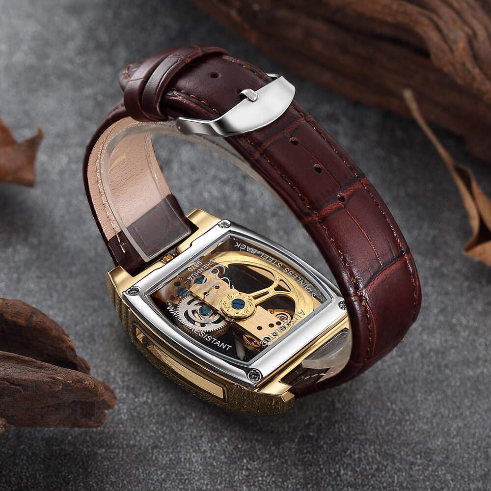 Reloj mecánico automático transparente para hombre, diseño de esqueleto steampunk, correa de cuero, reloj masculino montre Homme, Marrón dorado, Correa