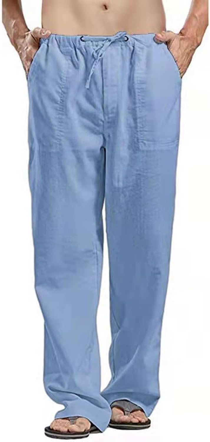 Men's Linen Beach Pants Elastic Waist Drawstring Lounge Trousers Lightweight Wide Legs Yoga Trousers with Pockets