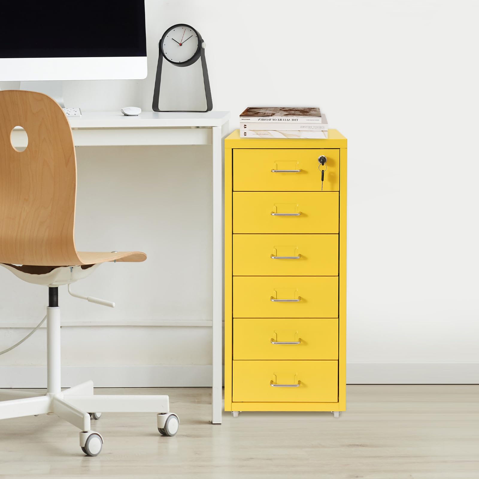 Cassettiera a rotelle con 6 cassetti, armadietto portatile in metallo, con chiave, armadietto per la casa e l'ufficio, 28 x 41 x 69 cm (giallo)