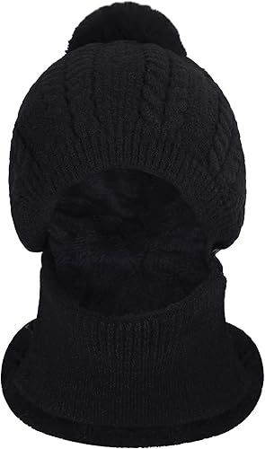 Miniatura 4 de 3 en 1 invierno gorro de punto para el cuello de la cara, calentador de cuello para las mujeres y las niñas forro polar de esquí gorras con pompón