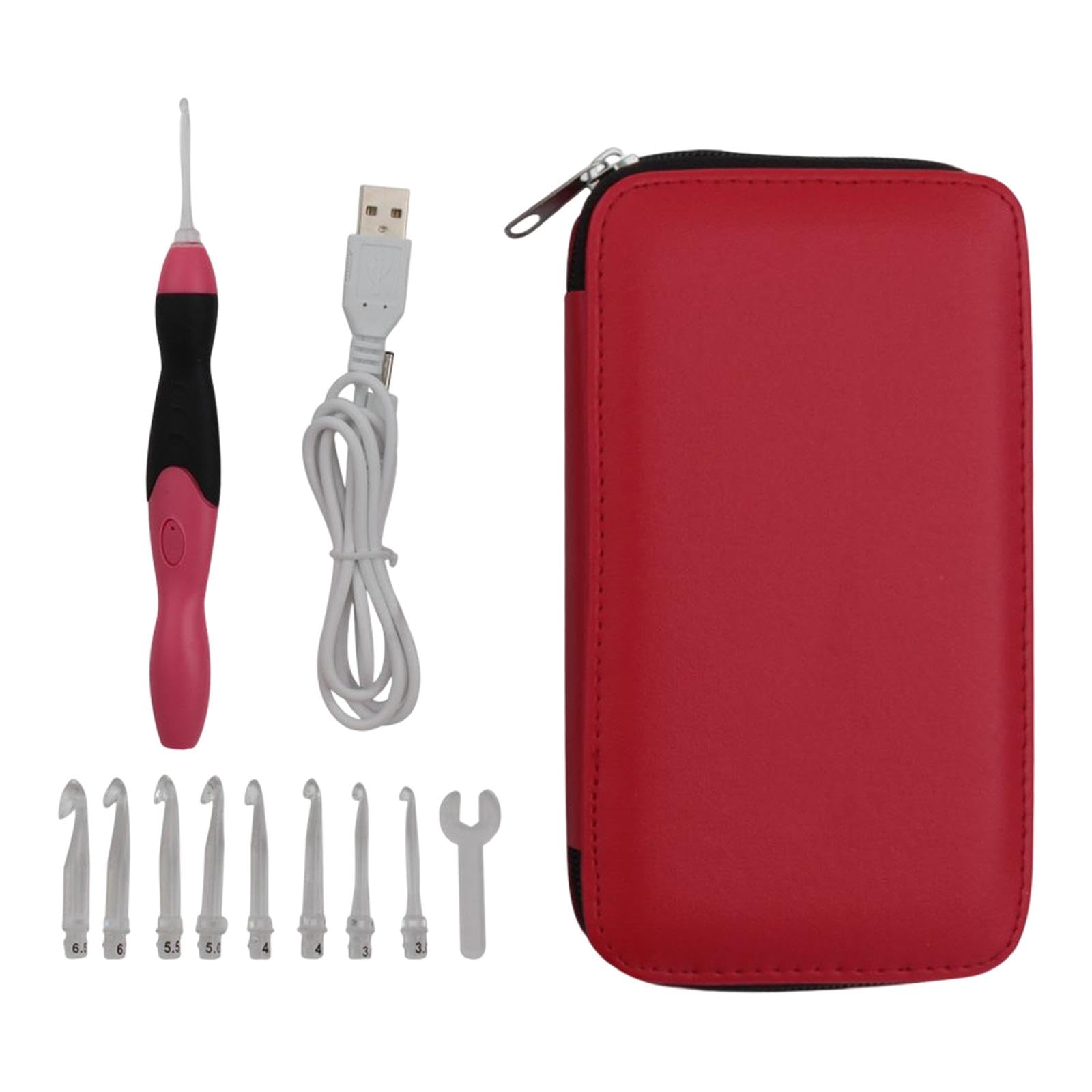 Juego de 5 agujas de ganchillo iluminadas, 9 piezas, herramientas de tejer recargables por USB, con funda, color rojo
