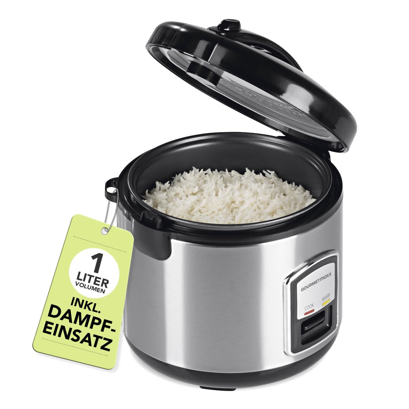 GOURMETmaxx Kompakt-Reiskocher & Dampfgarer, 1 L – Dampfeinsatz, Gartopf, Reislöffel & Messbecher, Warmhaltefunktion, spülmaschinengeeignet