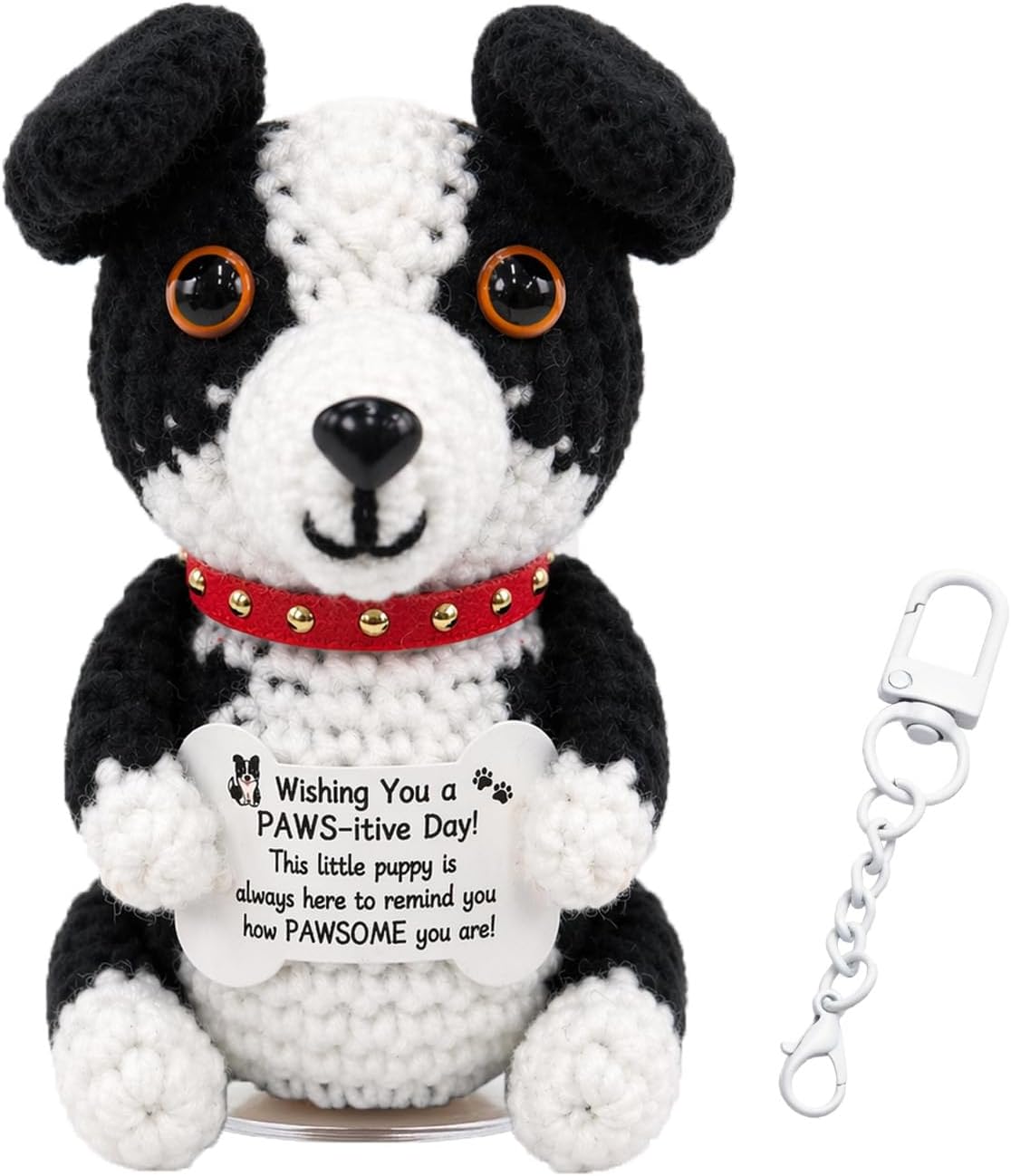 Crochet Dog Emotional Support Positive Crochet Animal – Border Collie with Encouragement Card and Clear Stand, Inspirational Gifts, Desk Ornament for Friends Coworkers