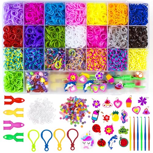 WONDERFORU Bänder Set zum Basteln, 8000+ Bunt Gummibänder Starterset Mit Webrahmen für Armbänder, 100 S Clips, 50 Perlen, 15 Gummi Anhänger, 6 Häkelnadeln, 4 Y-Loom, 1 Loom