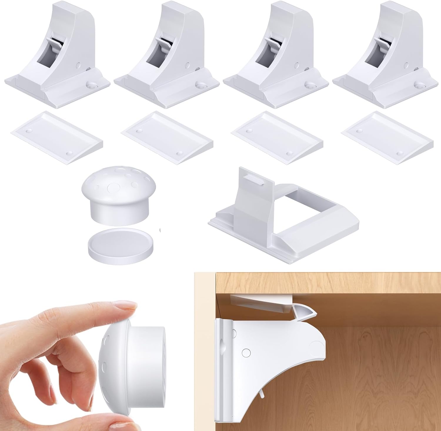 White Magnetic Child Safety Cabinet Locks with Adhesive, 4-Pack