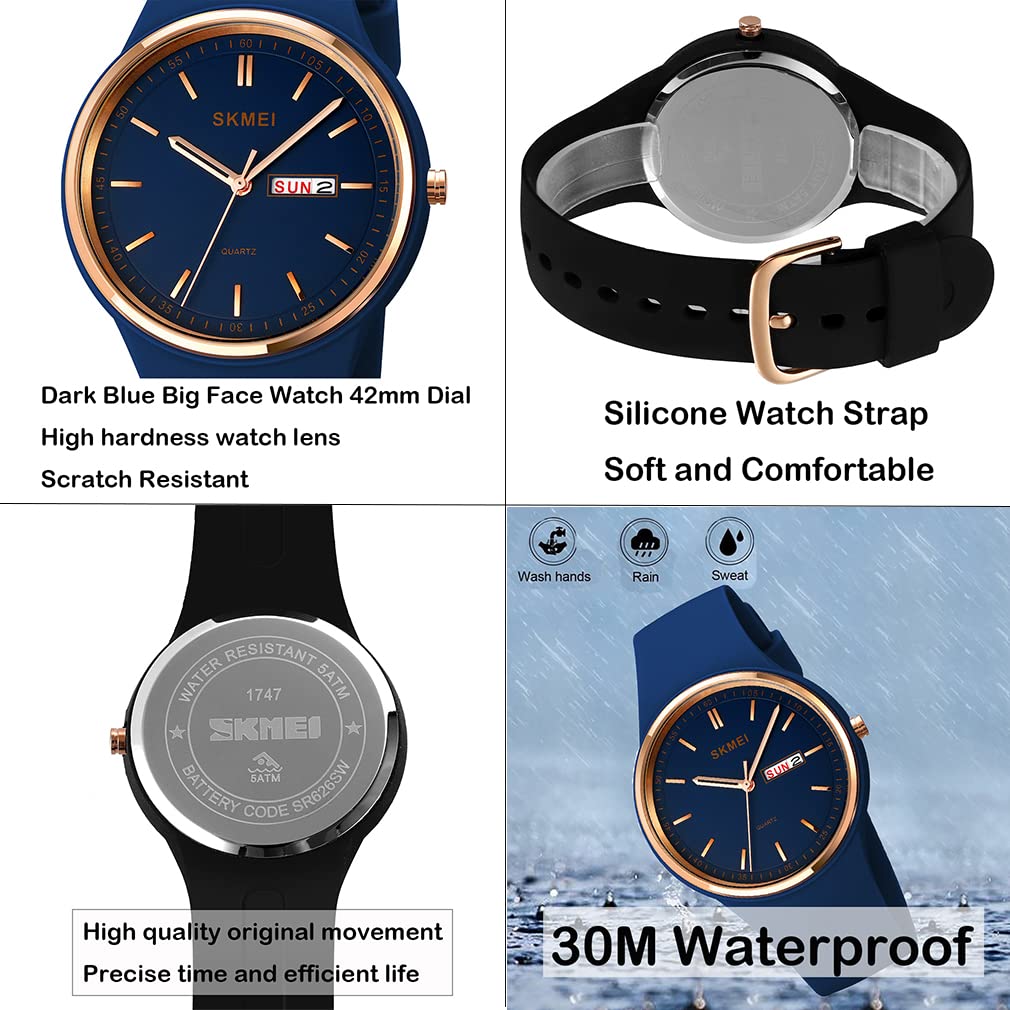 SKMEI Montre de sport pour jeune femme avec bracelet en silicone - Grand cadran - Étanche - Style décontracté - Simple - Quartz analogique - Jour - Date - Cadeau pour filles - Blanc