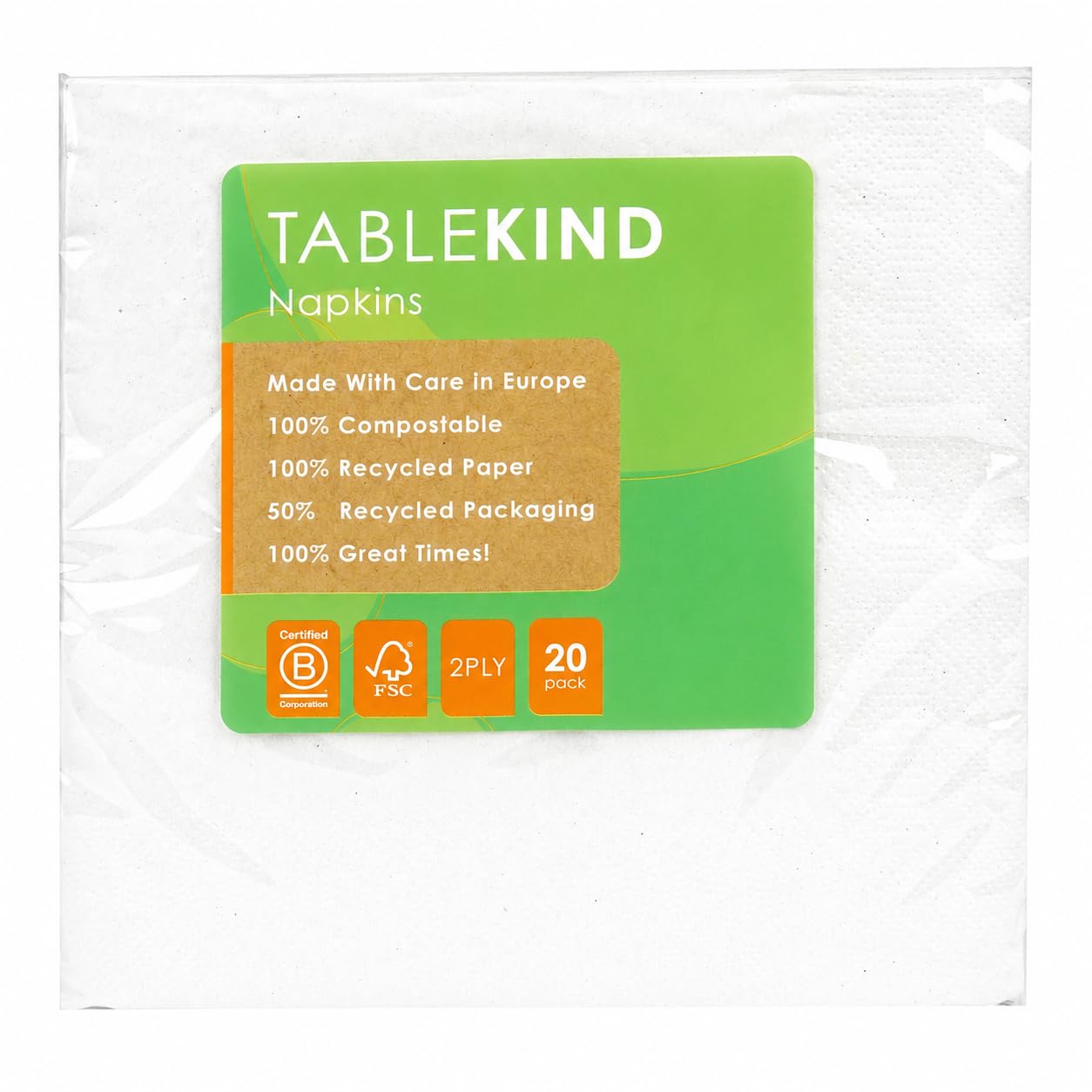 TABLEKIND Compostable Paper Napkins 20 Pack, FSC Certified Recycled Disposable Napkins, Eco Friendly Party Serviettes for Birthdays, BBQs, Weddings & Events, 33 x 33cm