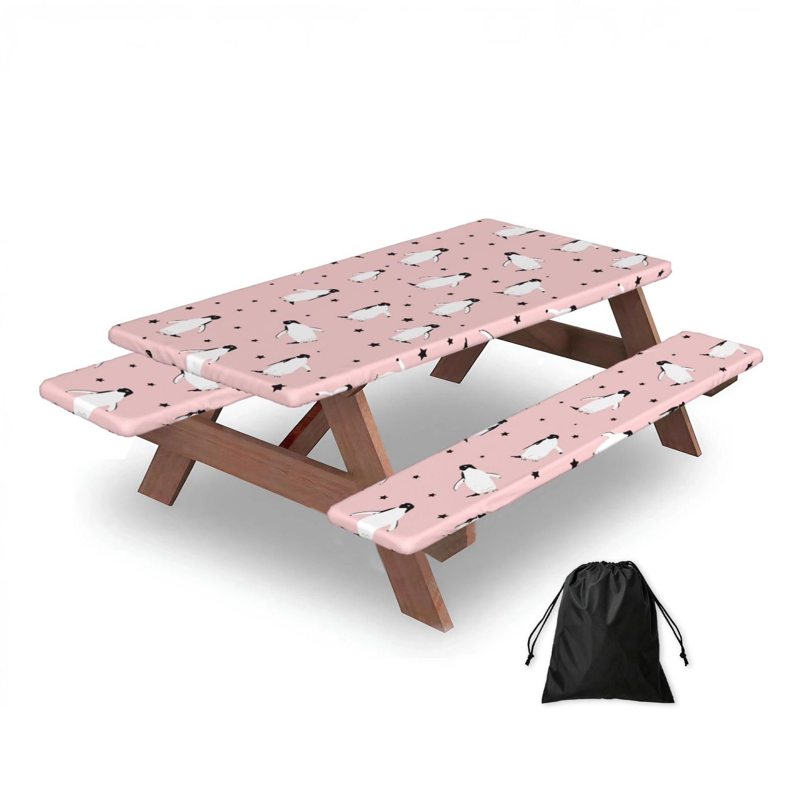 Penguins Stars Sea Bird, Picnic Table Cover With Bench Covers -Waterproof Elastic Fitted Tablecloth for Garden Camping Patio 76x152cm