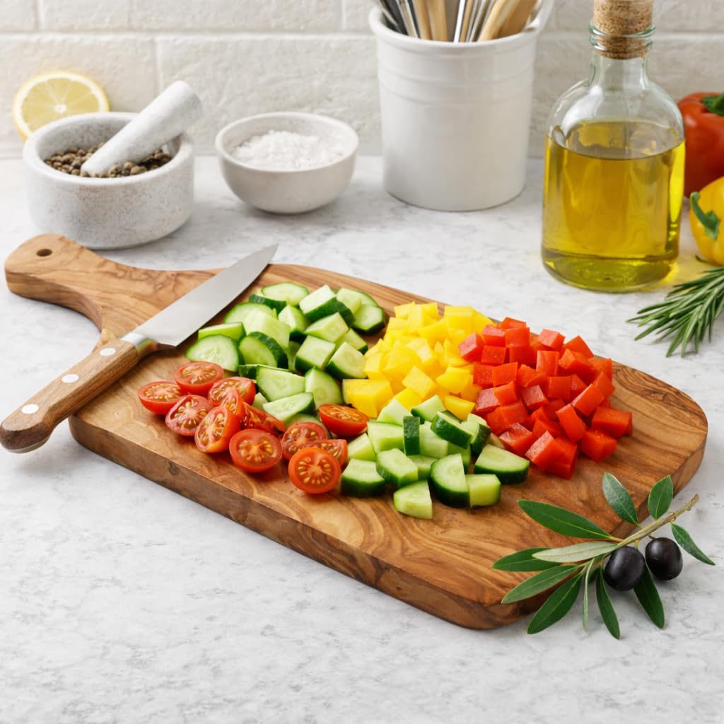Tabla de cortar artesanal con mango de madera de olivo natural, hecha a mano, 40 cm