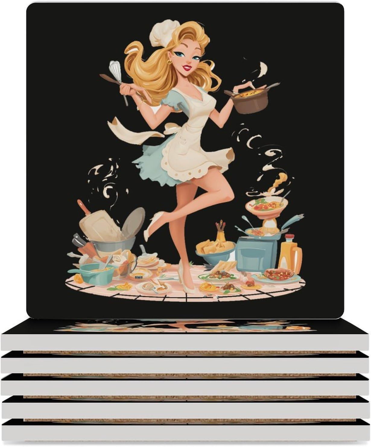 Pinup Women Cooking Food Coaster for Drinks Square Ceramic Table Coasters Stone Mat Crafts 6PCS Home Kitchen Decor