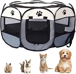 Cercadinho Extra Grande Tecido Cão Gato Coelho Pets Tenda Casinha Cercado Portátil Dobrável Cinza 114x114x60cm