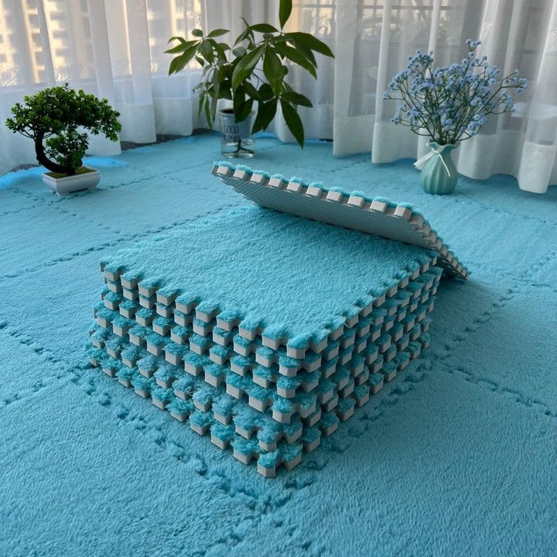 Plush Foam Floor Mats, 10pcs Interlocking Carpet Tiles with Edge Binding, Soft Flannel Foam Flooring for Nursery Playroom, to Fit Bedroom Area Rugs, Washable Floor(Dark Blue)