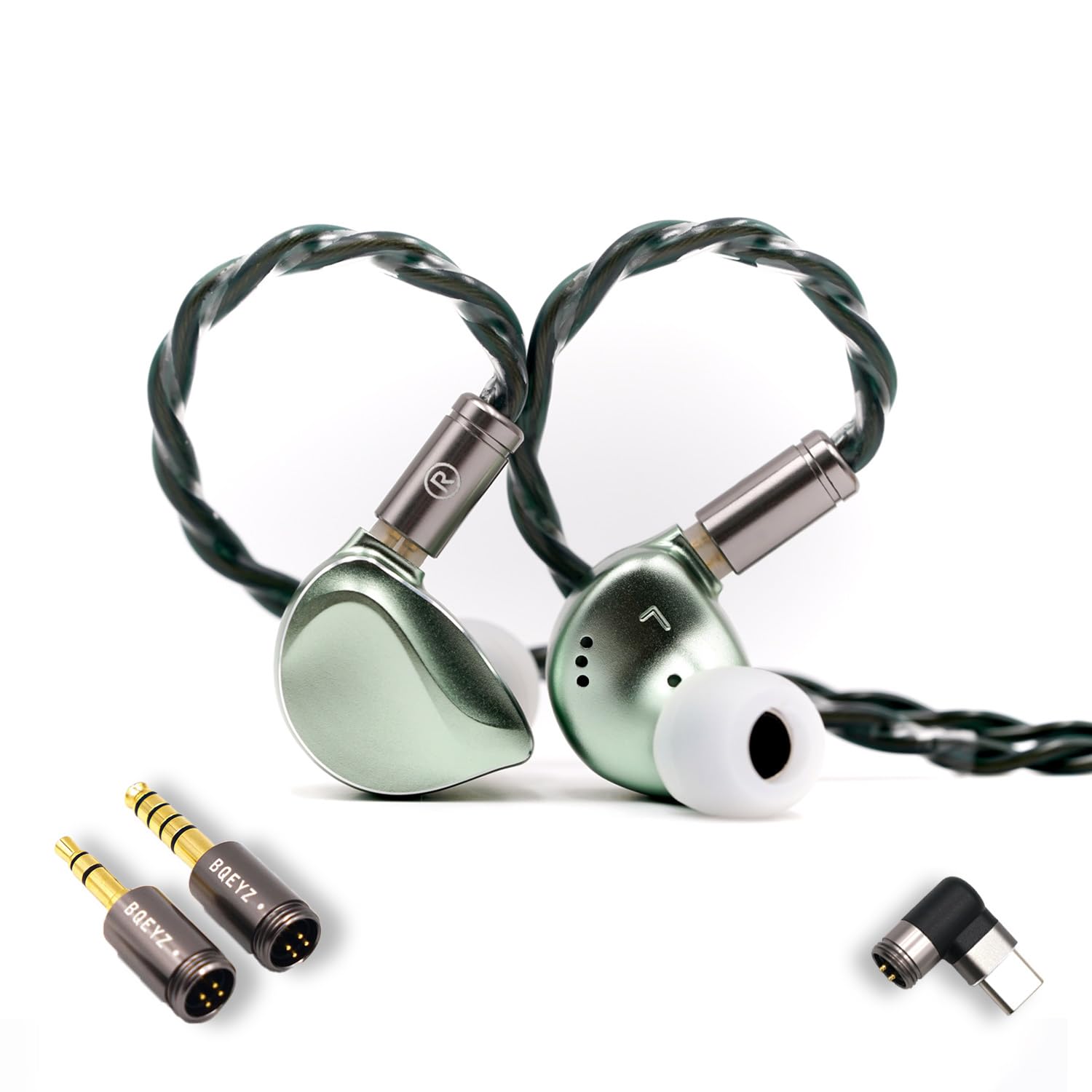 BQEYZ Winter2 słuchawki douszne przewodowe DD+BC HiFi do gier z odpinanym kablem do wentylatora audio (zielony, 3,5 mm + 4,4 mm + Type-C)