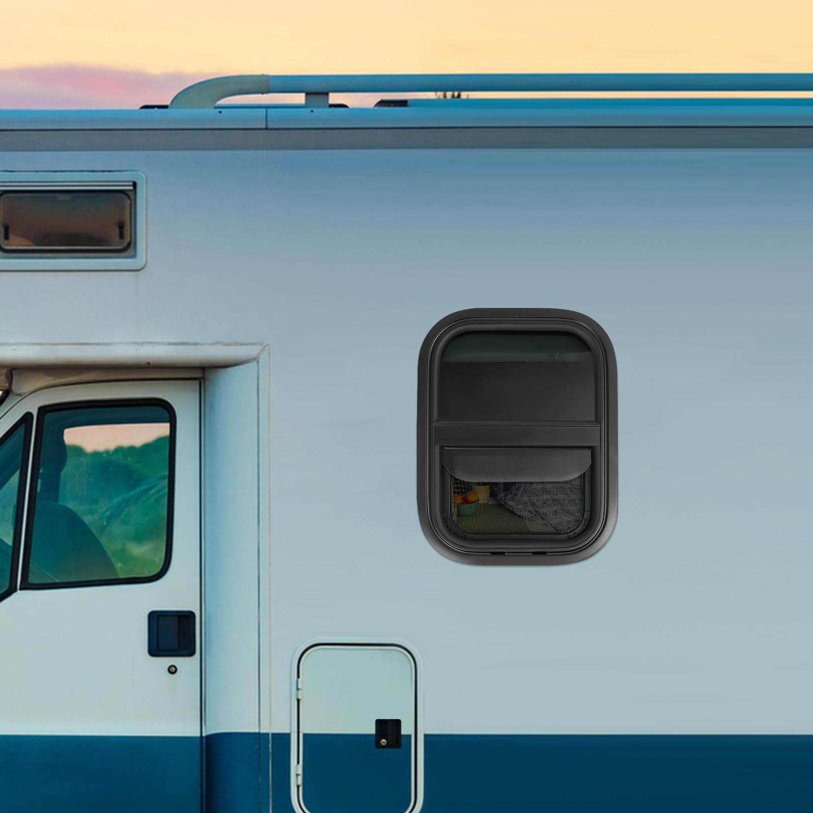 Schwarz Rechteck Wohnmobilfenster Schiebefenster RV Fenster mit integriertem Insektenschutz,UV-beständig Seitenfenster Wohnmobils Ausstellfenster aus Aluminiumlegierung, gehärtetes Glas (300×400mm)