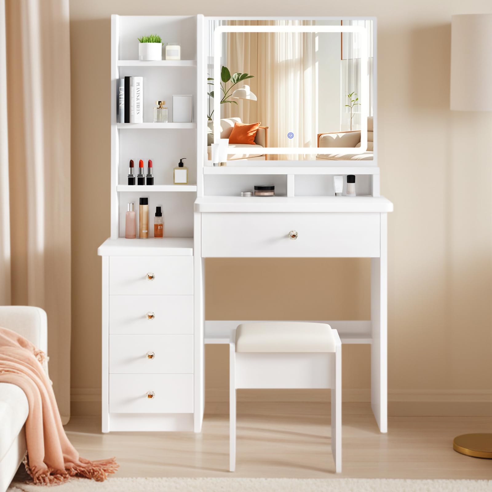 YuYe Tavolo da trucco con illuminazione LED, specchio con luminosità regolabile, tavolo da trucco con sedia, toeletta con 5 cassetti e 3 ripiani, moderno tavolo da trucco in legno bianco (154)