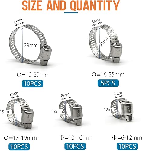 Miniatura 9 de Abrazadera de manguera, paquete de 100 abrazaderas de manguera de acero inoxidable, abrazaderas de tubería de combustible de engranaje helicoidal,
