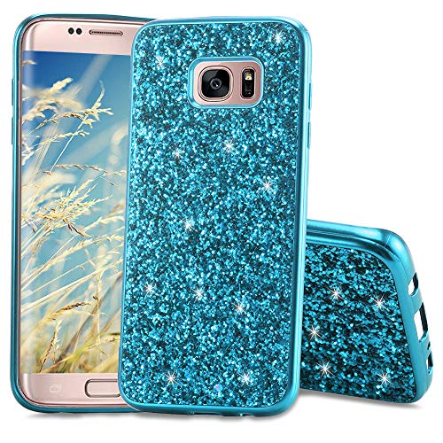 WIWJ Samsang Galaxy S7 Edge Glitter Case,Soft Silicone Case Glitter Sparkle Sequins Rhinestones Glossy Case Soft Protective Shell Gel TPU Diamond Bumper Back Cover Female Shell -Blue