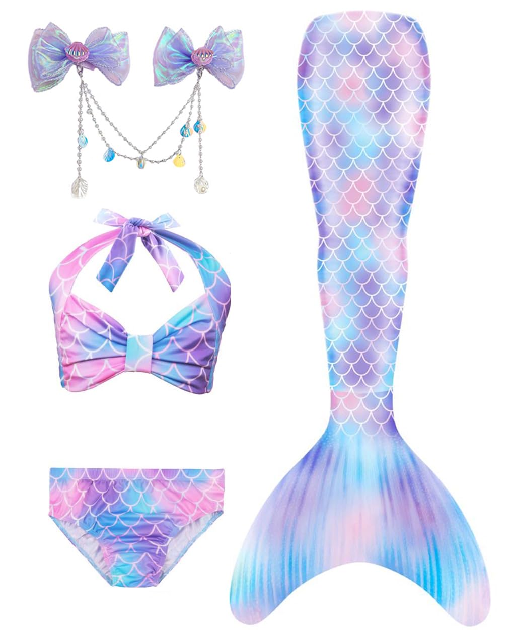 CHICPIG4PCS Mermaid Tails for Girls for Swimming Princess Bathing Suits Swimsuit Swimwear Bikini Suit for 3-12 Years Old