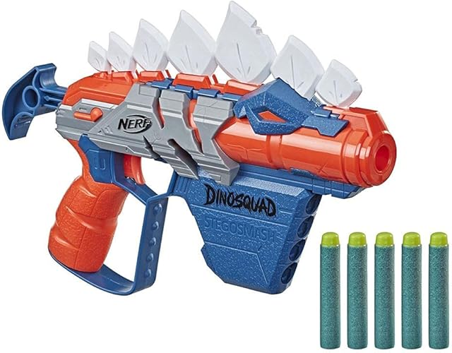 Wyrzutnia strzałek Nerf DinoSquad Stegosmash, miejsce na 4 strzałki, uchwyt zbrojący, 5 oryginalnych strzałek Nerf, wygląd dinozaura, kolce stegozaura