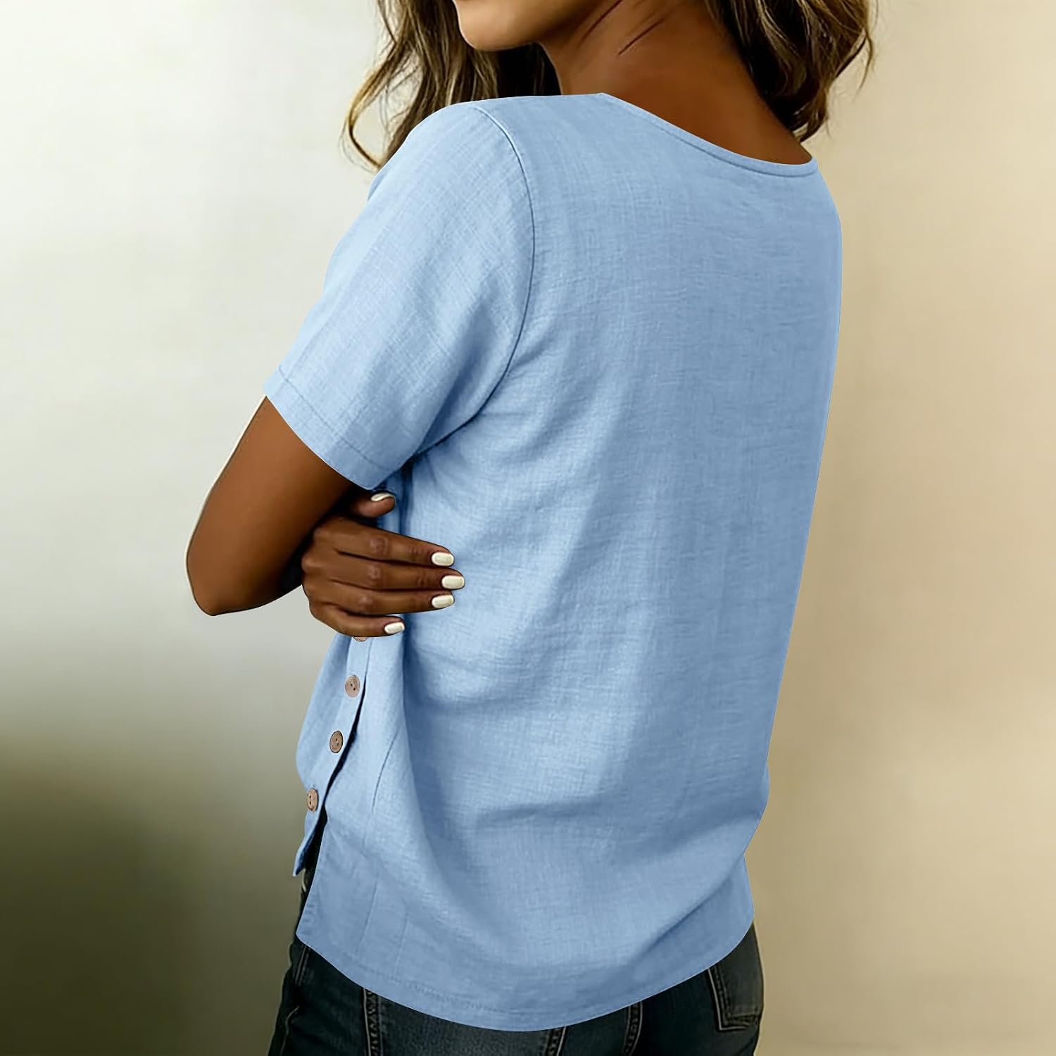 Cotton Linen Shirts for Women Crew Neck Short Sleeve Slit Gauze Tops Casual Dressy Blouse Summer Loose Fit Clothes