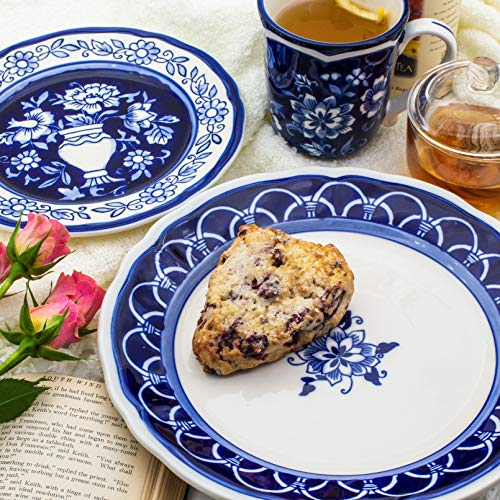 Euro Ceramica Blue Garden 16 Piece Oven Safe Hand Painted Stoneware Dinnerware Set, Service for 4, Bold Vase Design/Floral Pattern, White and blue - Image 3