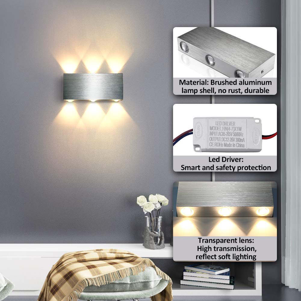 Lightess 18W LED Wandlampe Innen Wandleuchte Silber Leuchte Up Down Wand aus Aluminium Wandleuchten für für Schlafzimmer Flur Wohnzimmer Treppenhaus Warmweiß | Aluminium 1800LM 3000K, 18x8x3cm, AC85-266V, flach, Augenschutz, für Wohnzimmer Schlafzimmer Fl