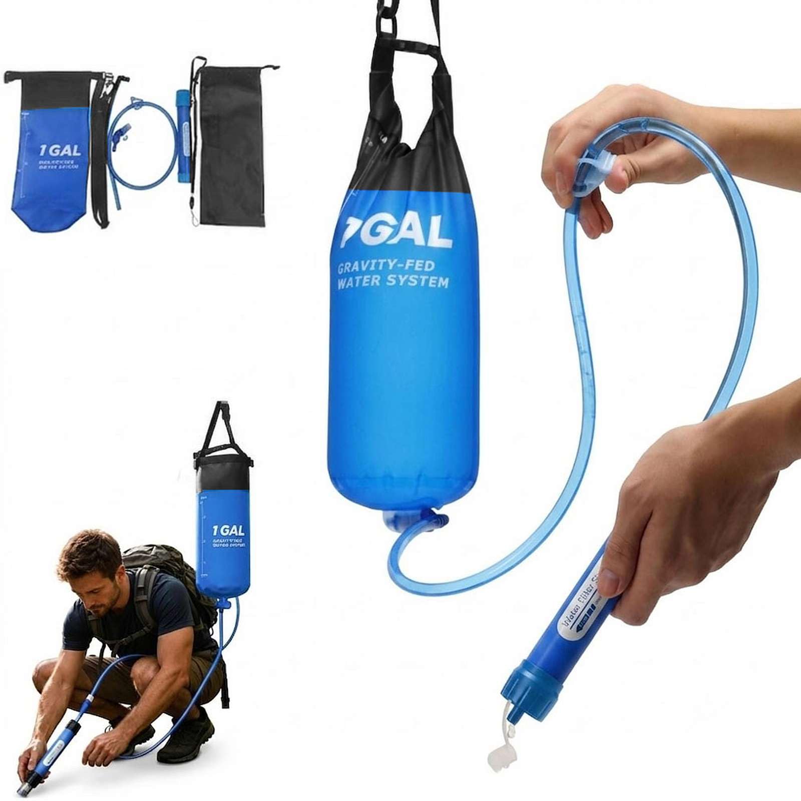 Survival Kit, Survival Water Filter, Portable Gravity-fed Water Filter with 1 Gallon Bag, Gravity Waters Purifier with Tree Strap, for Family Camping and Emergency Waters Backup