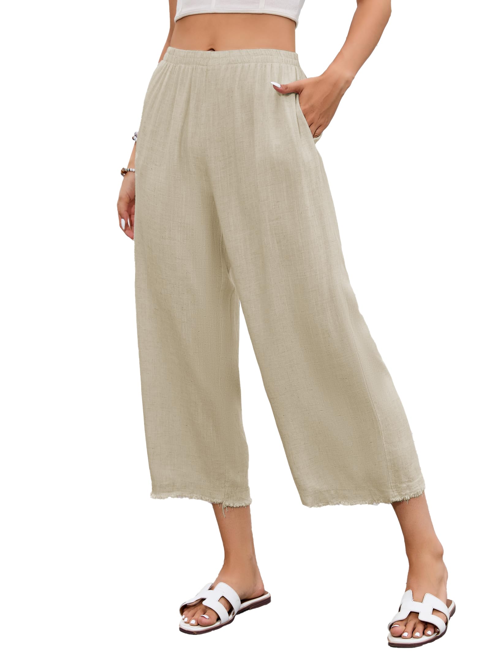 Famulily Pantalones de lino con cintura elástica para mujer, para verano, playa, pantalones cortos de pierna ancha con bolsillos