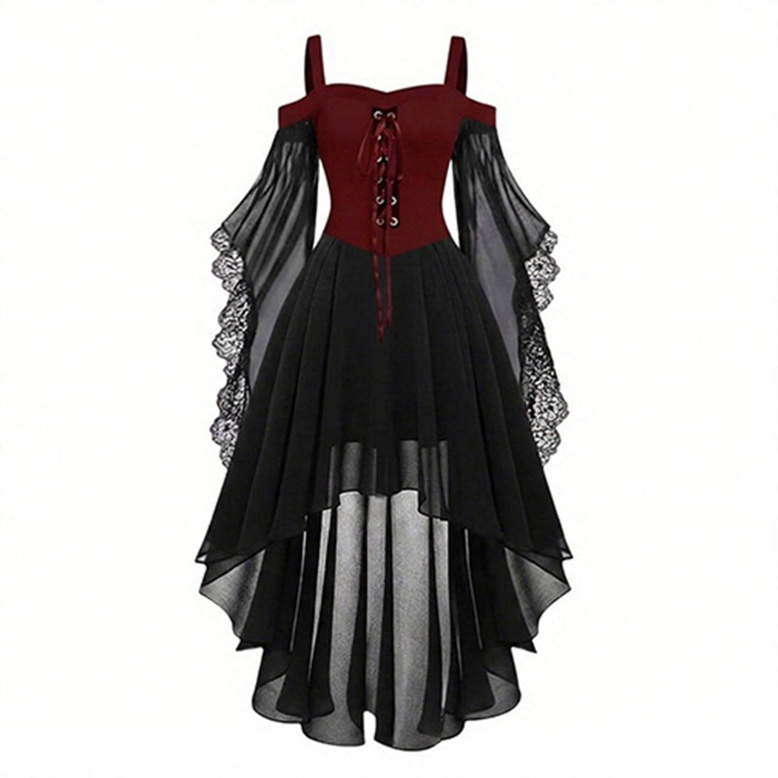 Vokuhila - Vestito medievale per Halloween, per bambine, gotico, cosplay | Vestito da principessa per bambini, a maniche lunghe, con spalle scoperte, in pizzo, stile vittoriano, vampiro, carnevale