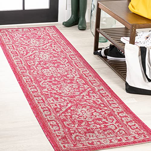 JONATHAN Y Boho Medallion Indoor Outdoor Runner Rug 2X8 Fuchsia/Light Gray, Malta Textured Weave for Backyard, Patio, Porch, Easy-Cleaning, High Traffic, Pet-Friendly, Non-Shedding (SMB104E-28)