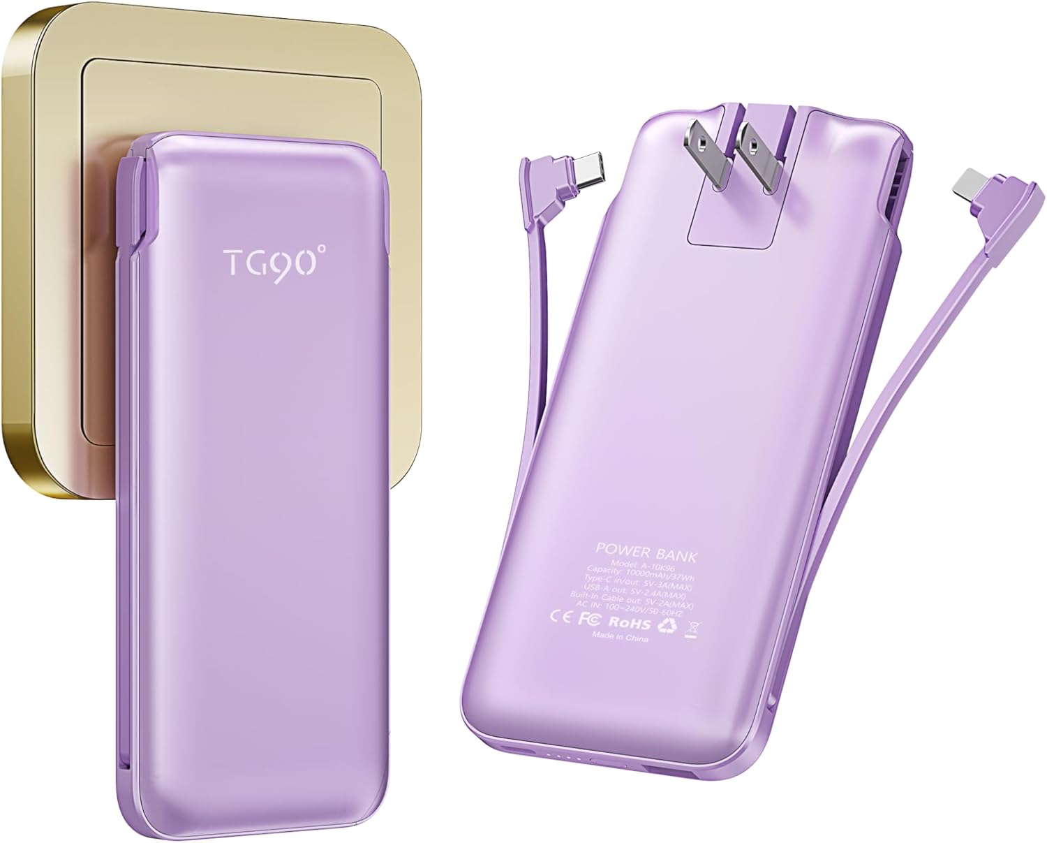 Portable Charger Power Bank with Built in Cable and AC Wall Plug, 10000mAh Fast USB C Phone Charger, Slim Thin Mini Charging Battery Pack Compatible with Smartphones and All USB-C Devices.