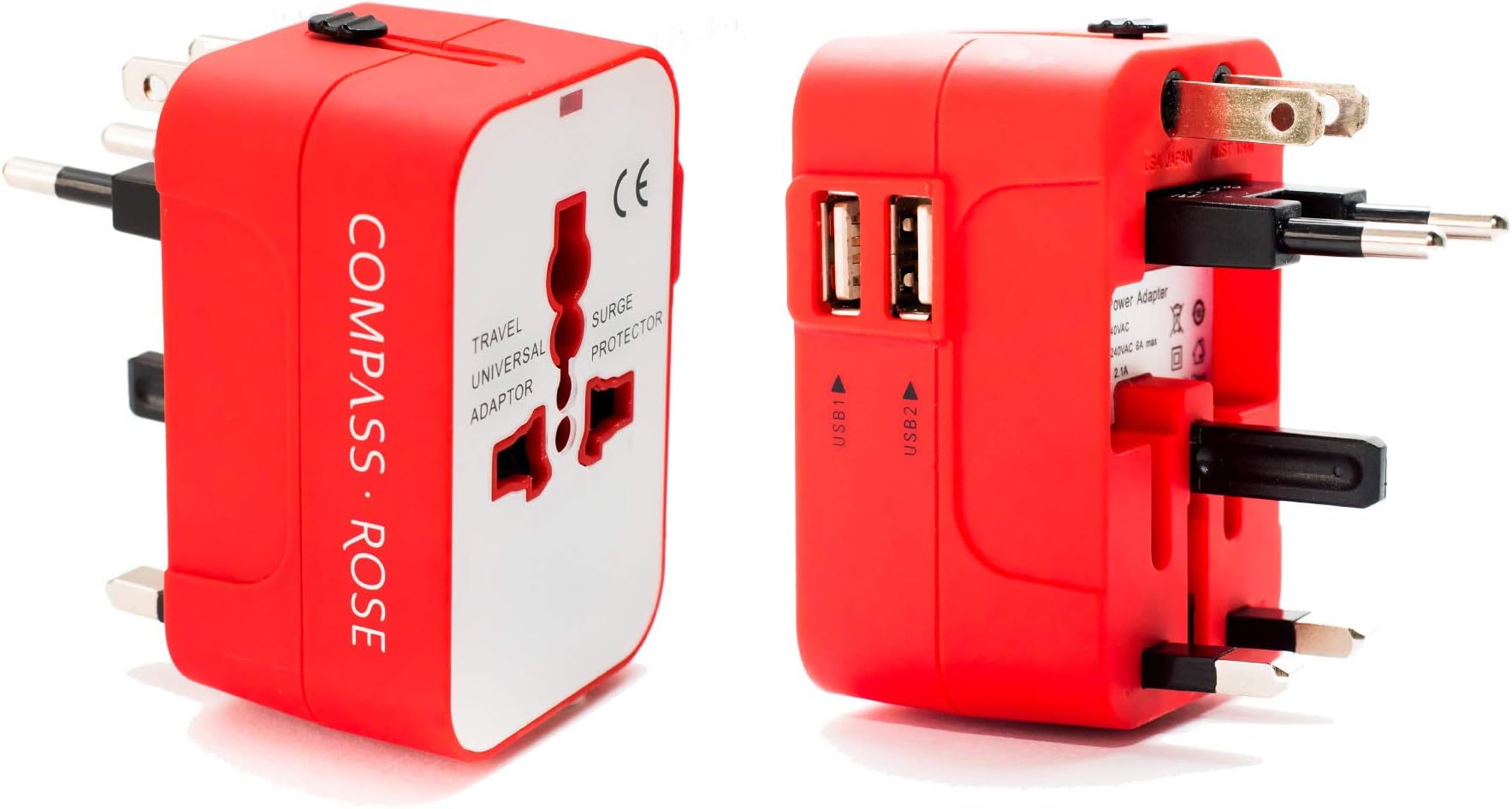 Universal Travel Adapter, European Travel Plug Adapter, UK Travel Adapter Type C and USB Ports,100-250V Output, International Travel Adapter in Red and White