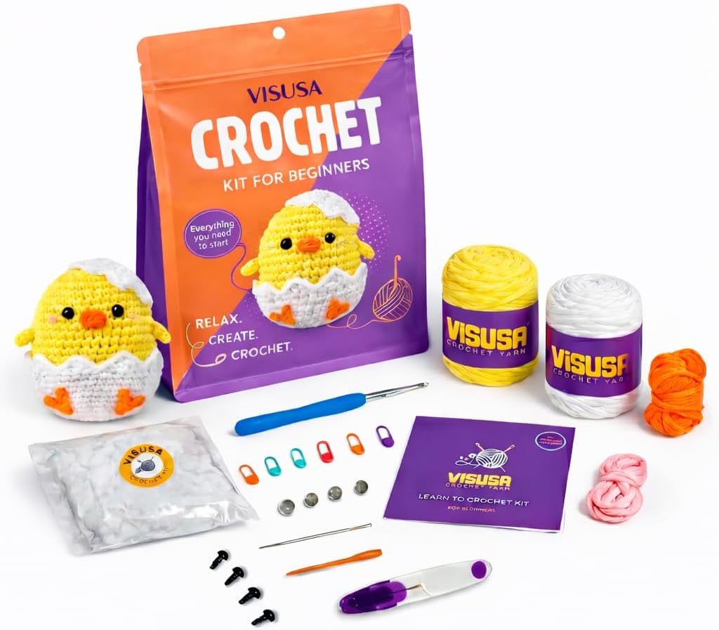 Visusa Crochet Kit for Beginners – Learn to Crochet Animal Kit– Yellow Chick Amigurumi Set- Easy DIY Crochet & Knitting Starter Set with Video and PDF Tutorials- Perfect Crochet Gifts for Starters.