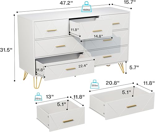 Miniatura 2 de JOZZBY Cómoda para dormitorio, cómoda de 7 cajones, cómoda blanca con asas doradas, cómodas modernas y cómodas, cómoda para niños, para dormitorio,