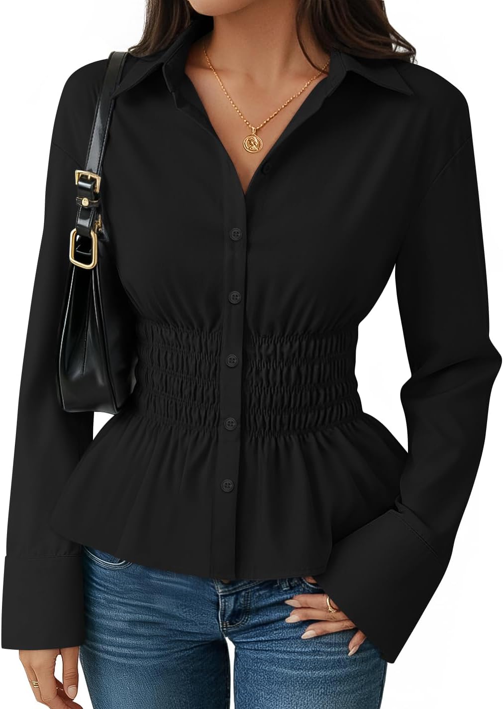 ZESICA Womens 2026 Spring Long Sleeve Blouse Business Dressy Casual Button Down Shirts Peplum Tops Fashion Trendy Clothes