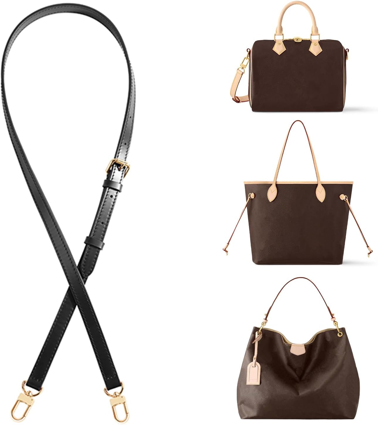 Vachetta Leather Replacement Strap, Universal Fit Bag Strap for Neverfull Speedy Graceful Boulogne, 49 x 9 inches, Gold Hardware, 5 Pieces (Glossy Black, Width0.7in&Length:46.8in)