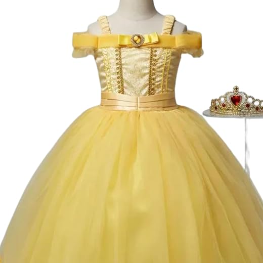 Fantasia Infantil Princesas, Amarela, Luxo, Vestido Festa Com Tiara Cosplay, Aniversário, Carnaval Menina - BE PLACE KIDS