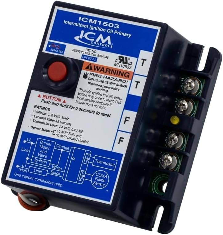 ICM Controls ICM1503 Intermittent Ignition Oil Primary Control – 45-Second Safety Lockout, LED Indicator, Solid-State Flame Sensor, External Reset Button, 120V for Oil Burner Systems
