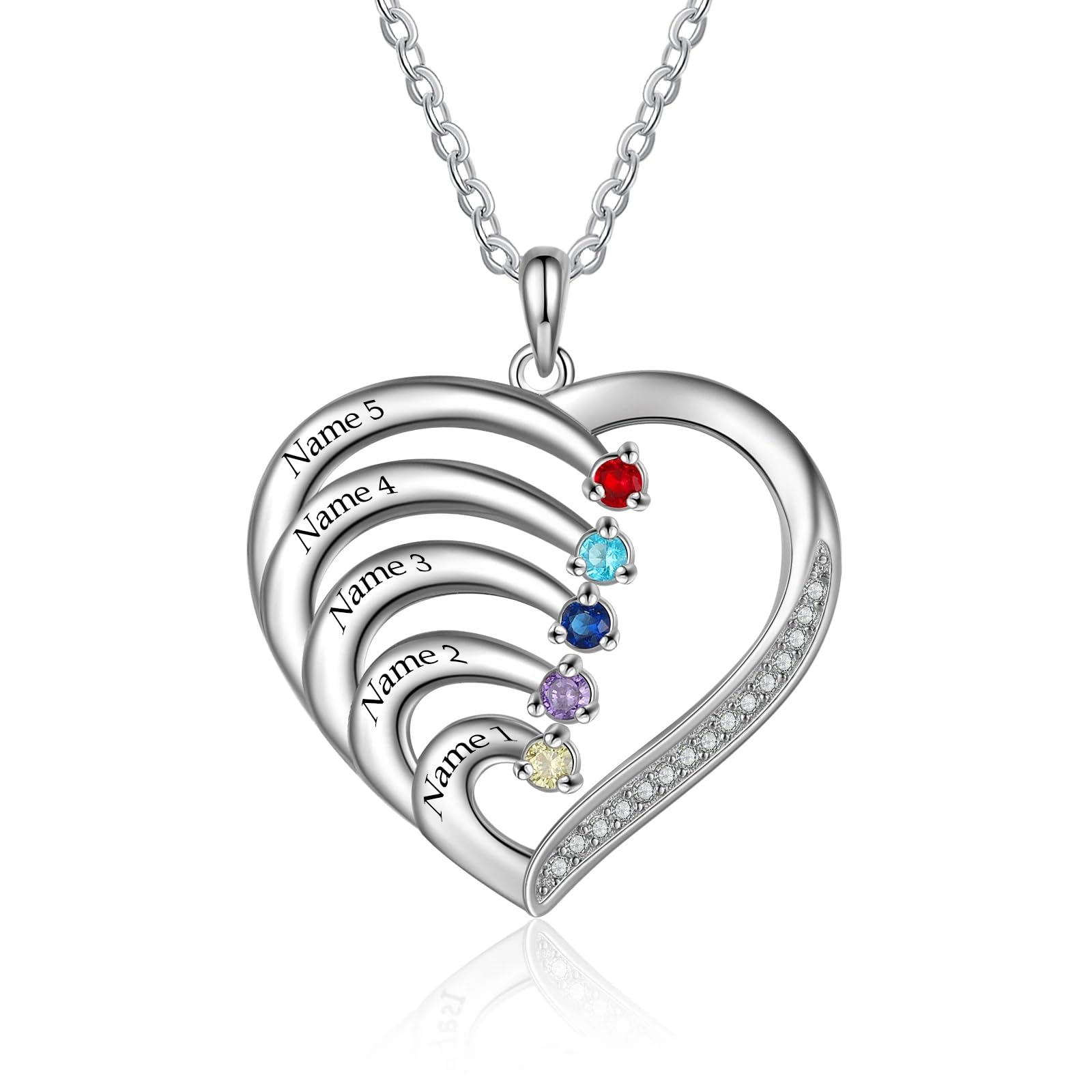 DONGHU 10K 14K 18K Gold Moissanite Personalized Mothers Birthstone Necklace 2~6 Family Birthstone Heart Pendant Necklace Custom Name Birthstone