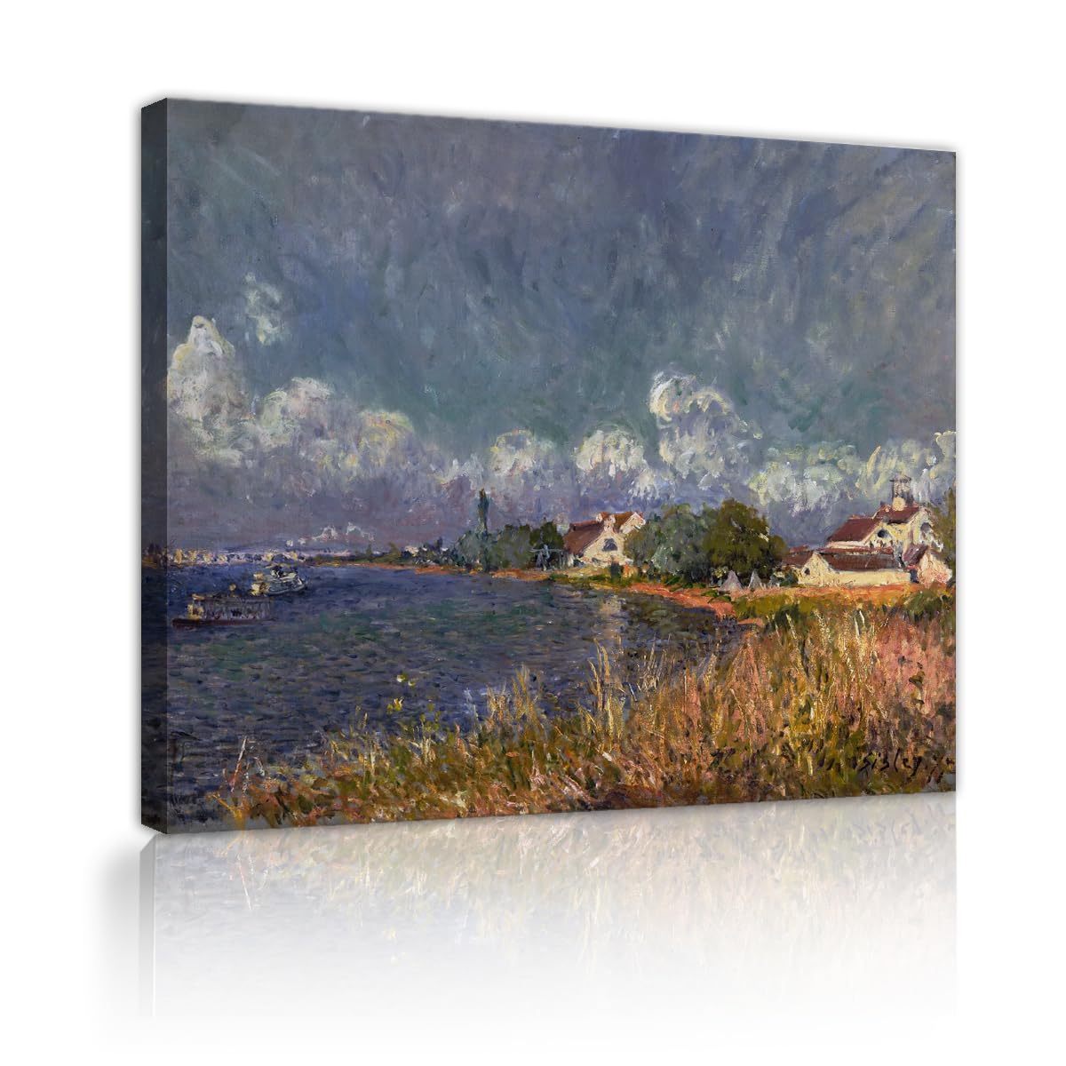 TOANGWALL Stormy River Bank Canvas Wall Art Gallery Alfred Sisley The Seine at Bougival Famous Painting Framed Prints for Hall Decor 70x85cm