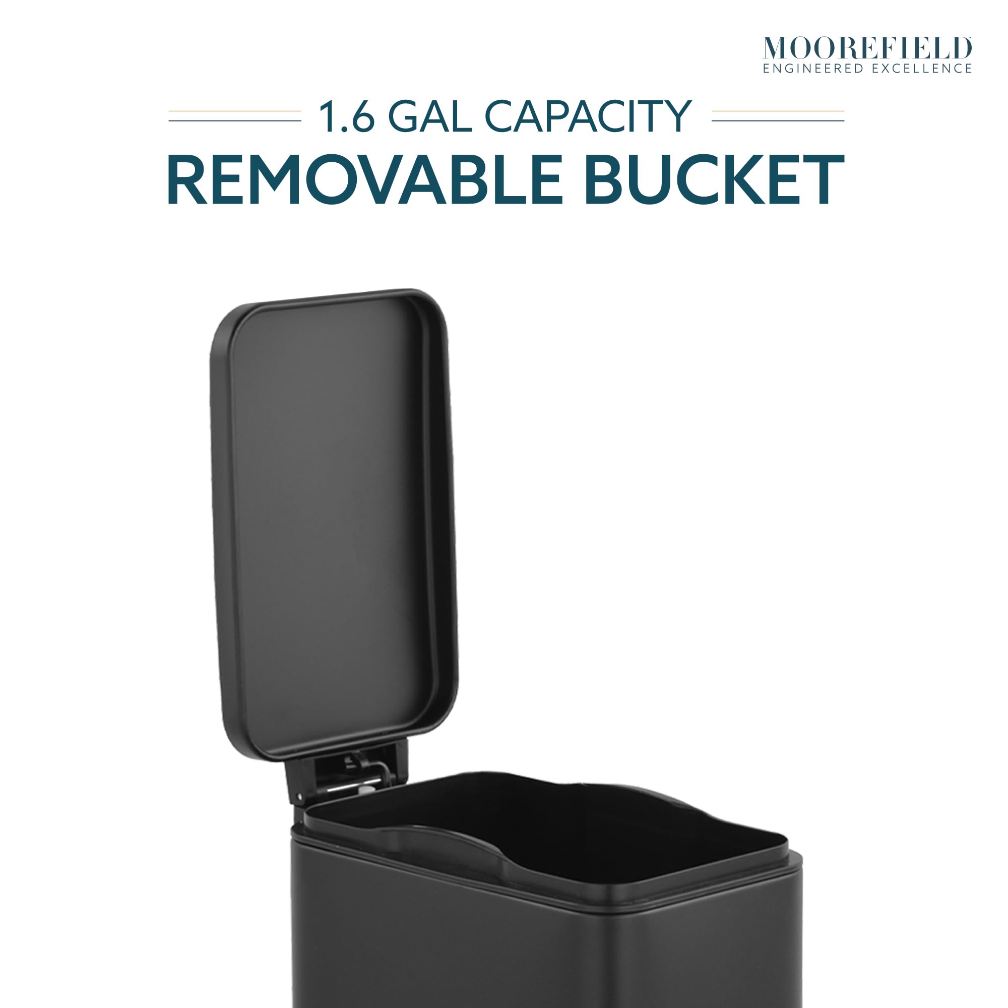 Moorefield Premium Stainless Steel Bathroom Wastebin, Rectangular Slim Design Trash Can, 1.6 Gallon Garbage Capacity, Step On Pedal, Slow Close Lid, Recessed Plastic Liner (Matte Black)