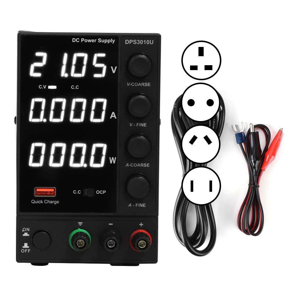Fafeicy DPS3010U DC Power Supply showing both front and rear views, illustrating the overall design and connection points.
