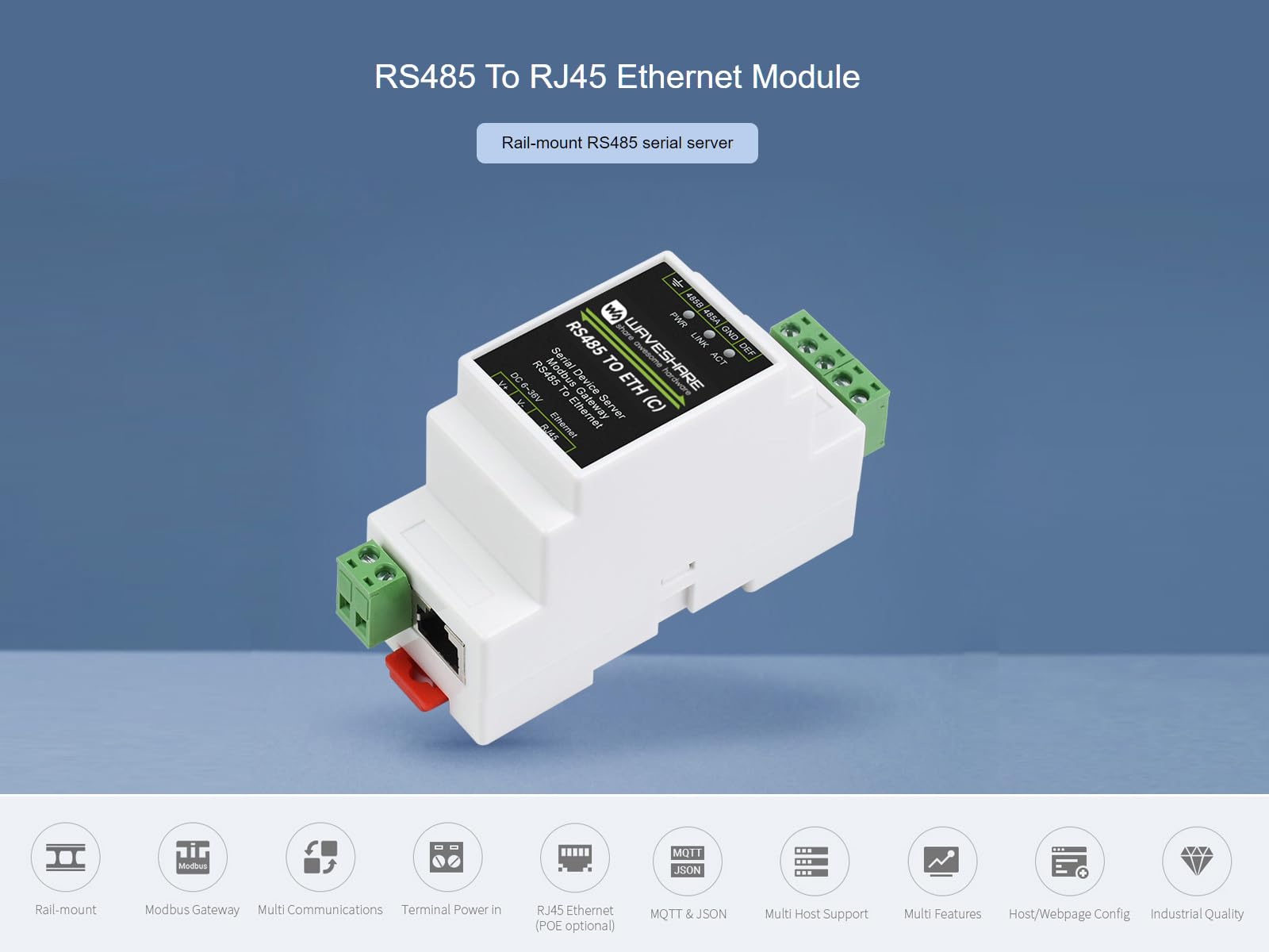 RS485 vers RJ45 Ethernet Convertisseur Module, Industriel RS485 Serveur Sériel, TCP/IP vers Série Module, Modbus Gateway, Alimentation 6~36V, Support pour Montage sur Rail