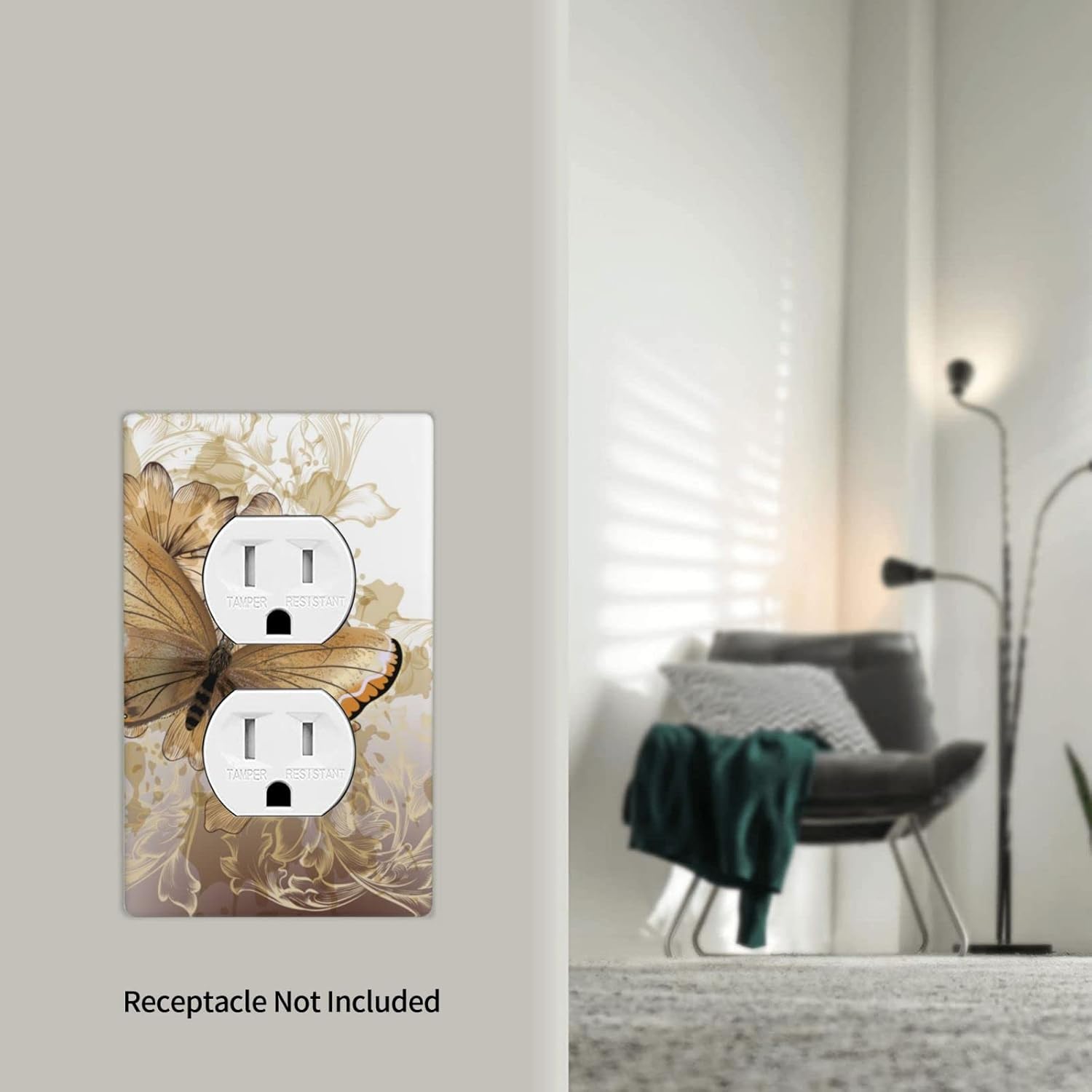 Gold Butterfly Decor Print Light Switch Plate Cover Plastic Wall Plates (Single Gang Electrical Switch Duplex Outlet Cover)