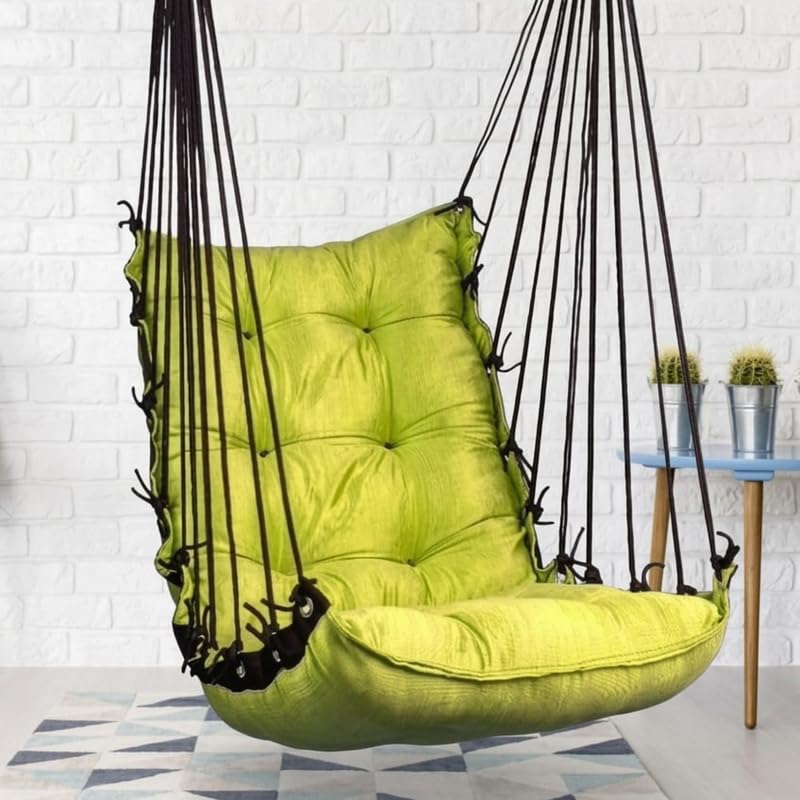 Cotton Hanging Swing Chair for Adults, Indoor Outdoor Jhula, Heavy Duty Rope Hammock Swing for Balcony, Garden & Living Room, 75-85 Kg Capacity |Green-image-42