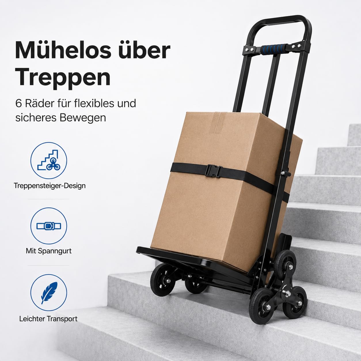 Treppensteiger Sackkarre klappbar bis 210kg - Profi Treppensackkarre aus Stahl mit 6 PU-Rädern,Transportkarre höhenverstellbar 73-114,5cm für Umzug & Treppen, Schwarz