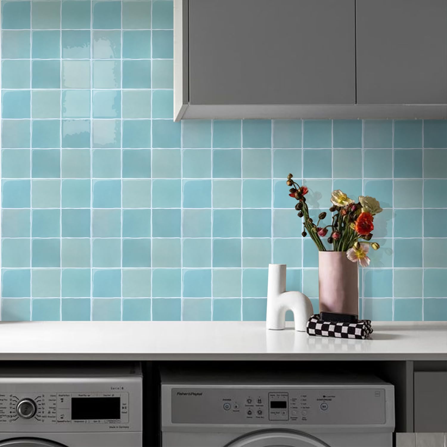 Commomy Più Spessi Paraschizzi Cucina Adesivo, 10 pezzi, 30,5 x 30,5 cm | Verde Blu Piastrelle Mattonelle Adesive Bagno Vinile 3D Metro, Adesivi per Piastrelle Cucina Impermeabili