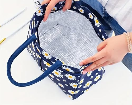 Miniatura 4 de Daisy - Bolsa de almuerzo para mujer, color azul, vibrante patrón de margaritas, compacta y espaciosa, interior aislado