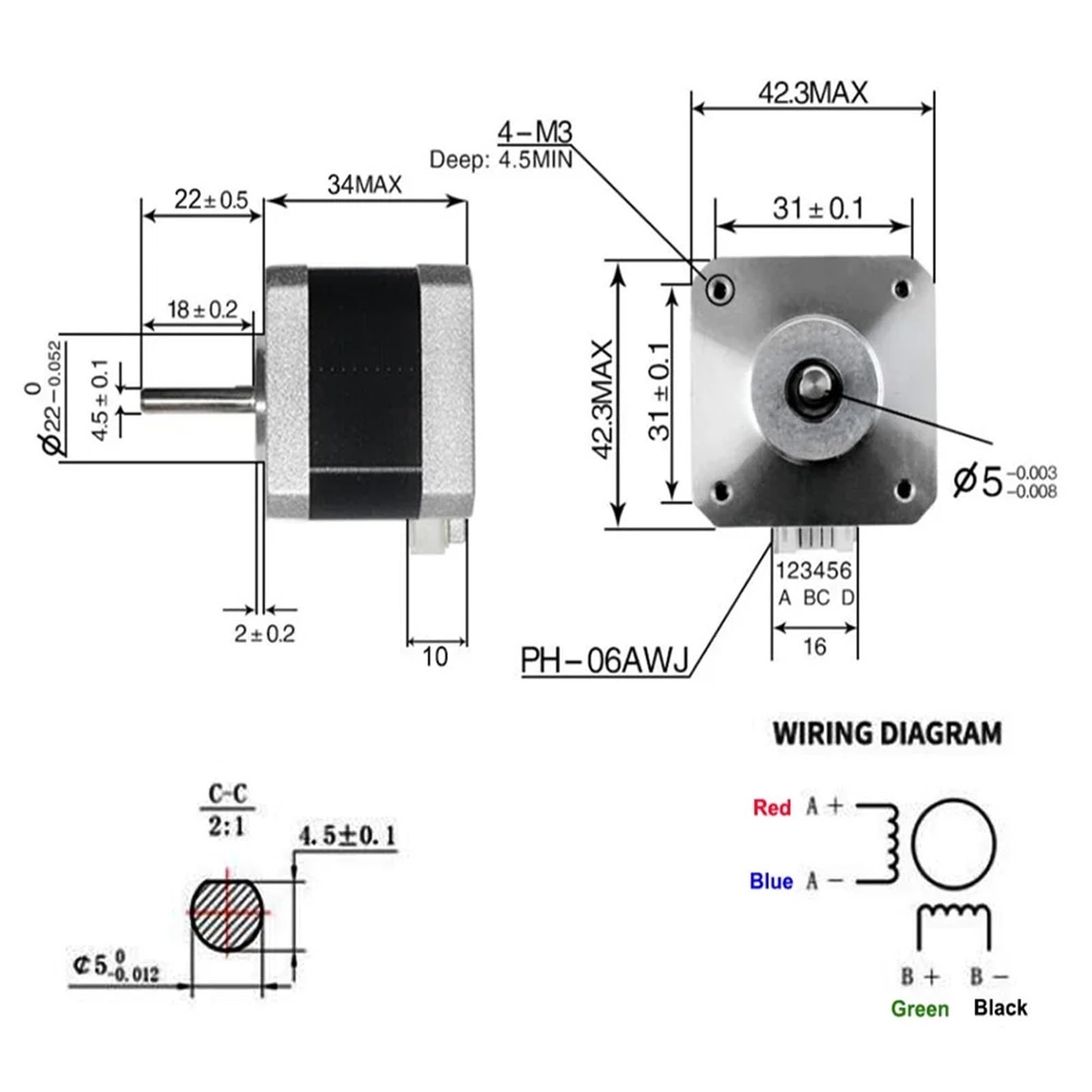 Motore passo-passo riduzione della coppia elevata Motori passo-passo Nema 17 42mm 28N.cm 4 conduttori 1.2A 2 fasi per macchina per incisore stampante 3D Kit CNC 42HS3412A4D5(5Pcs Nema17(0.28Nm))